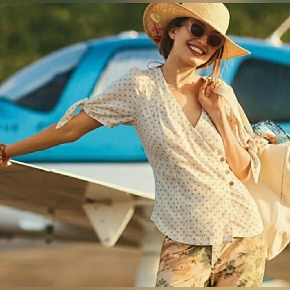 Anthropologie Maeve Louise Wrapped Blouse Yellow Polka Dot Size 8.